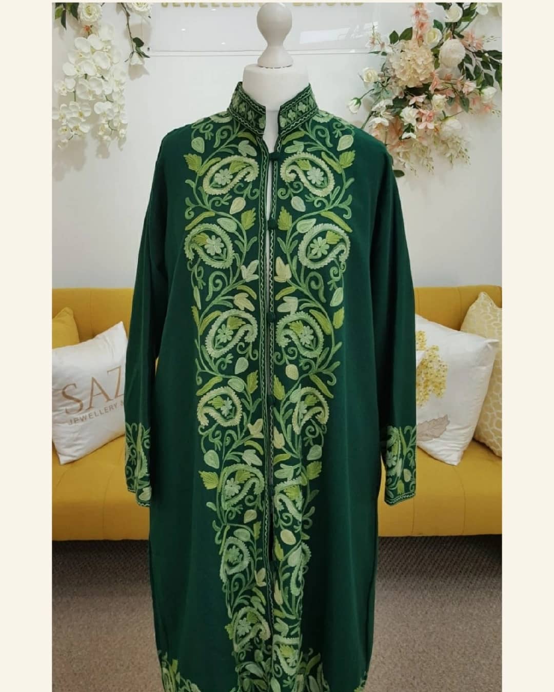 Forest Green Paisley Motif Woolen Jacket - Lime Green Aari Work