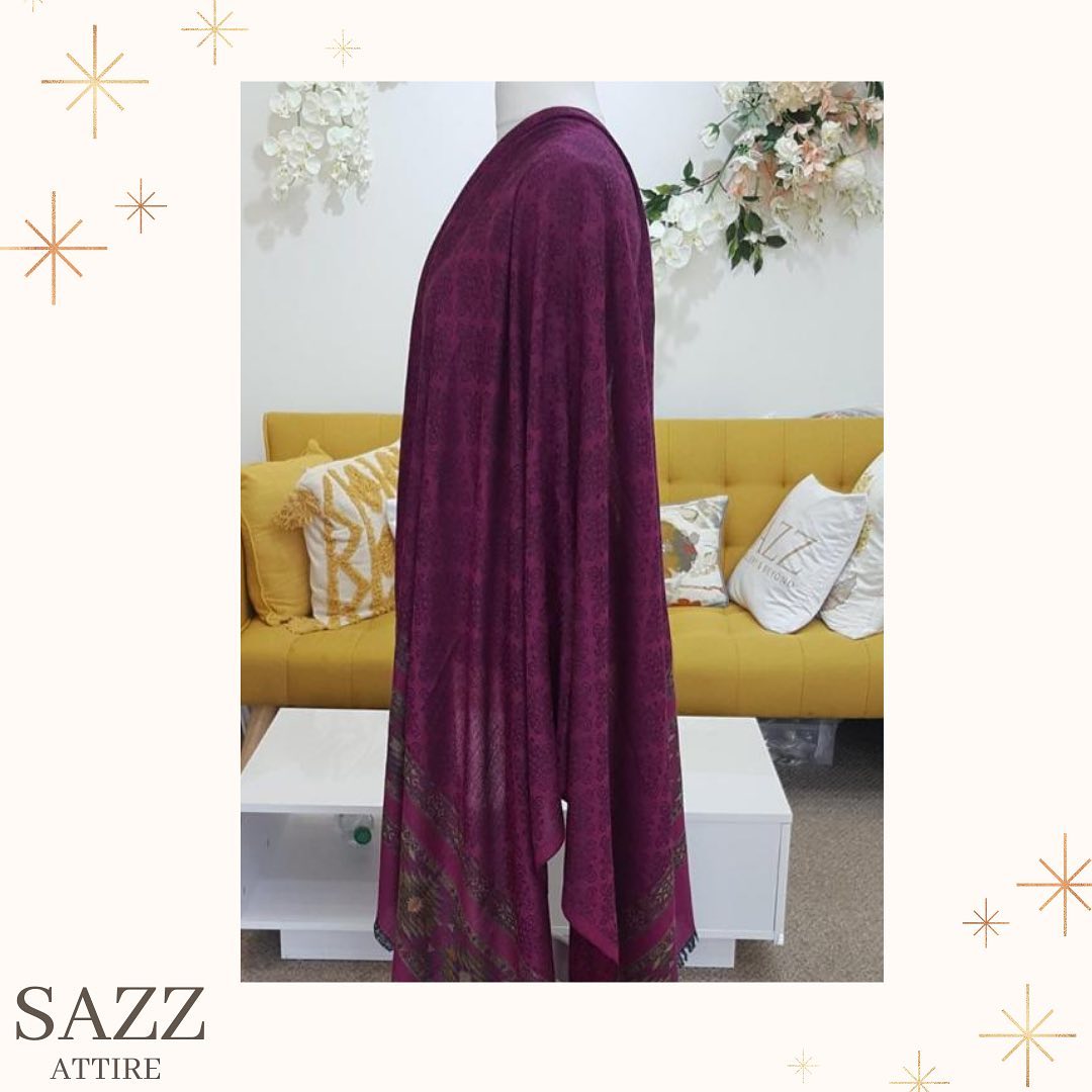 Deep Plum Jacquard Weave Shawl with Traditional Border Detail