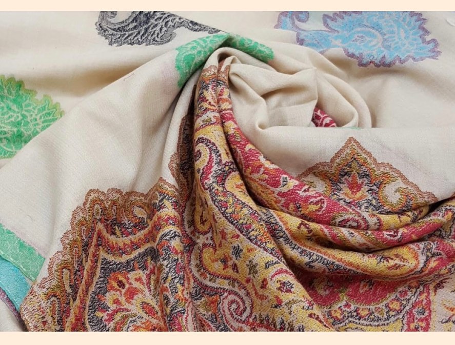 Cream Pashmina Stole with Oversized Multi-Color Medallion Embroidery