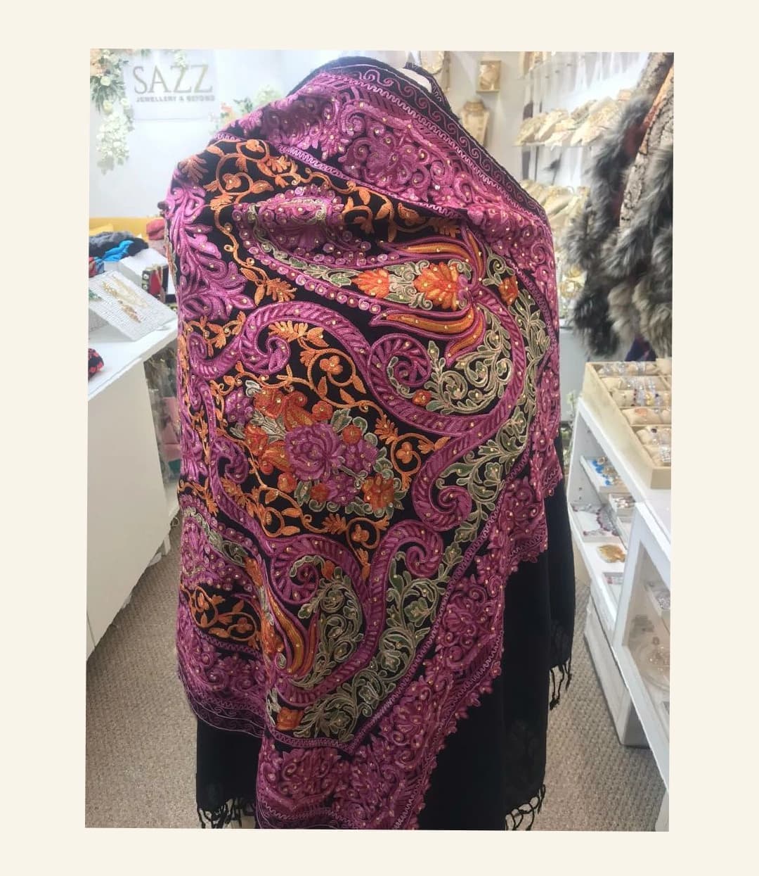 Heritage Sozni Hand-Embroidered Bridal Shawl - Deep Plum & Gold