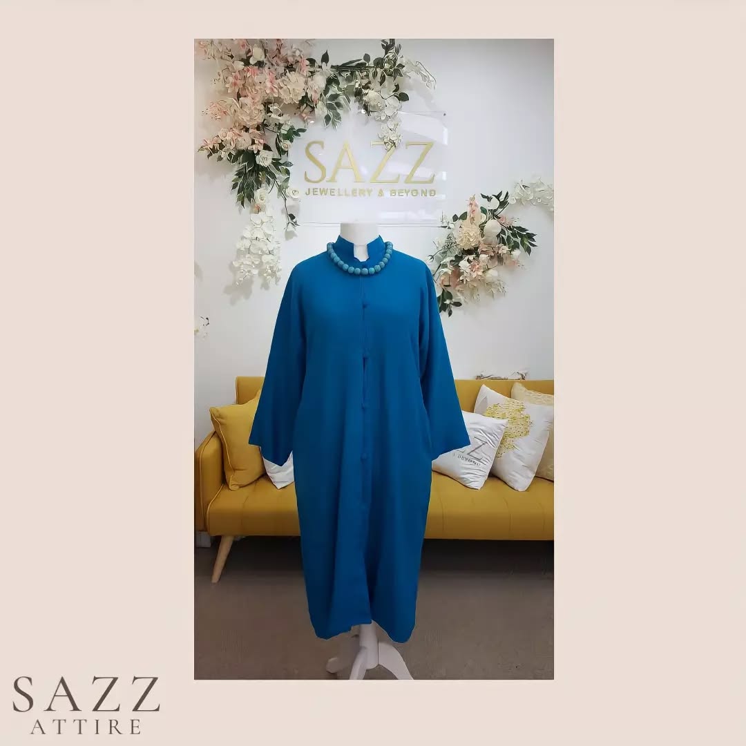Minimalist Cerulean Blue Woolen Long Jacket with Beaded Neckline