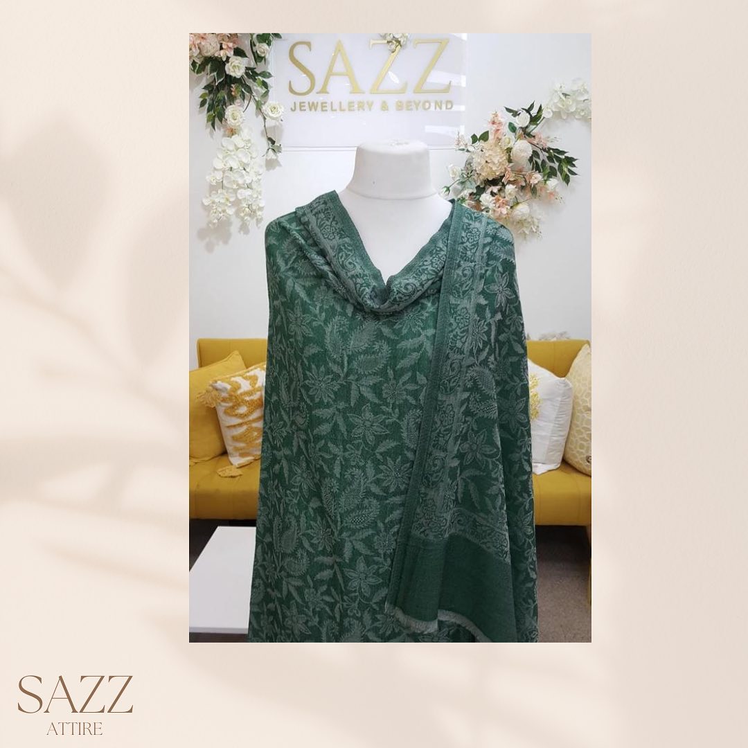 Emerald Forest Green Self-Print Floral Jacquard Shawl