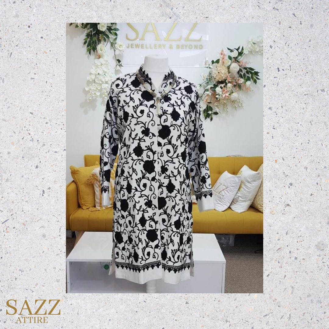 Elegant Black and White Floral Aari Embroidery Long Woolen Jacket