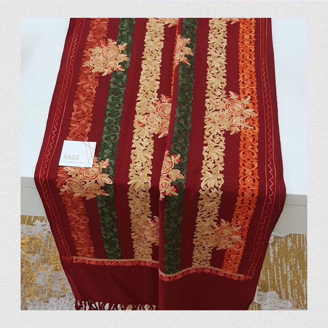 Deep Crimson Maroon Shawl with Vertical Gold Lace Embroidery