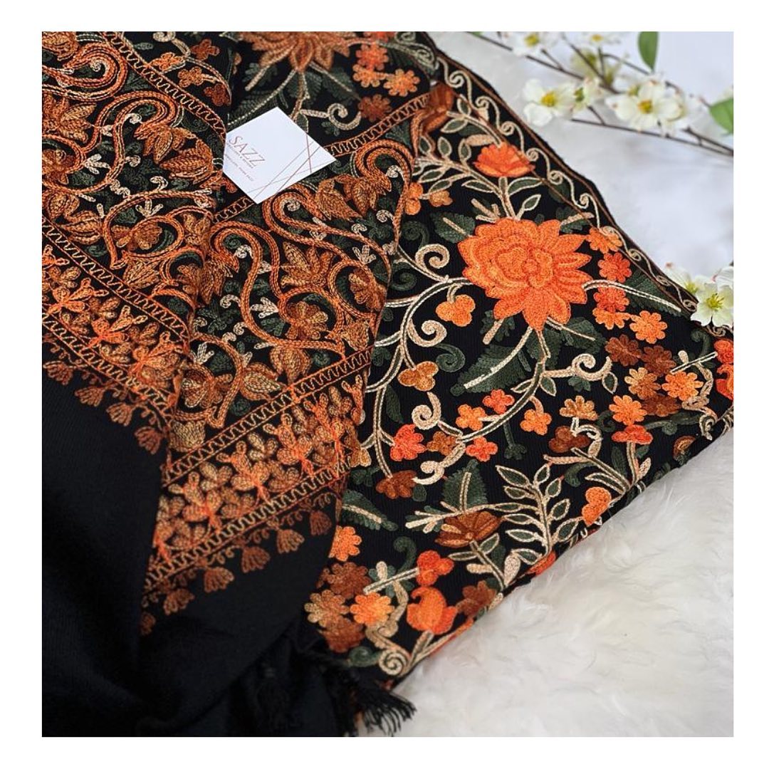 Luxury Hand-Embroidered Floral Jal Shawl in Rust & Moss