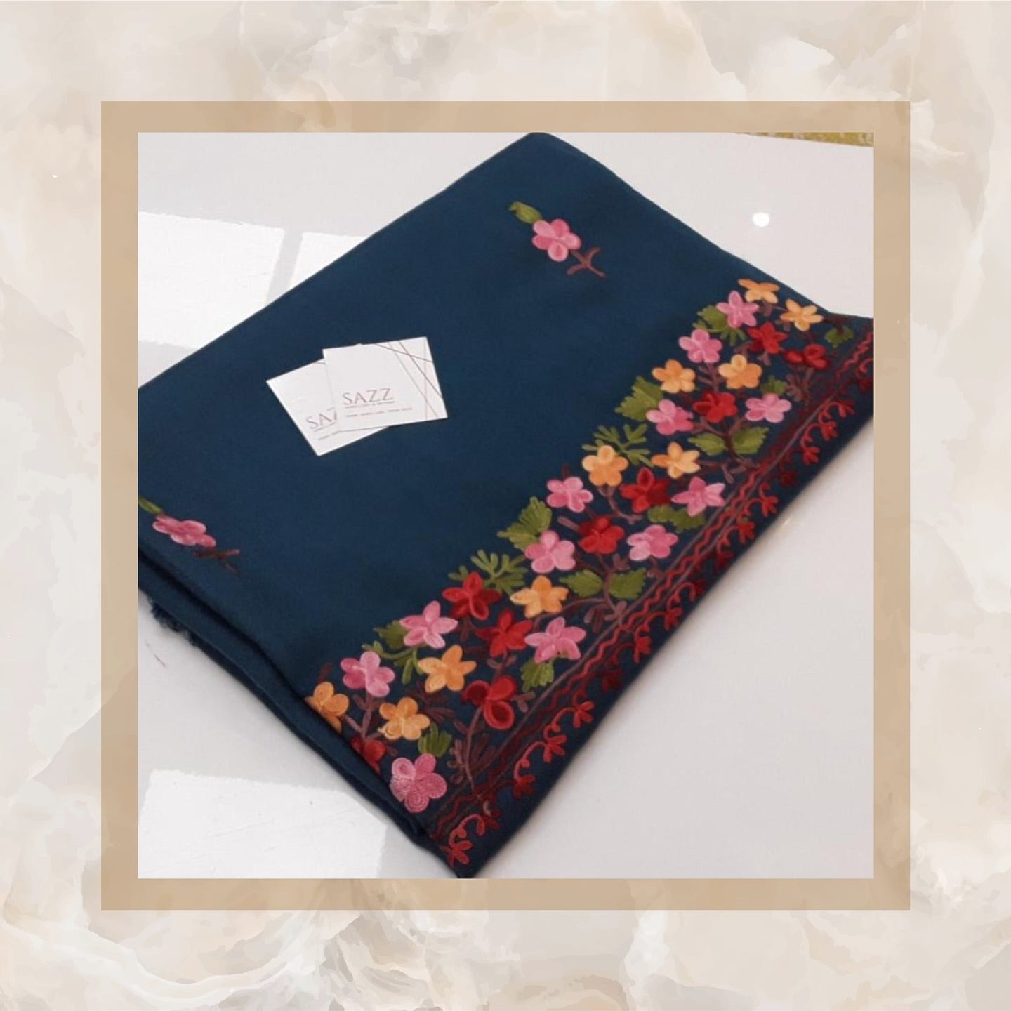 Midnight Blue Wool Shawl with Vibrant Hand-Embroidered Floral Border
