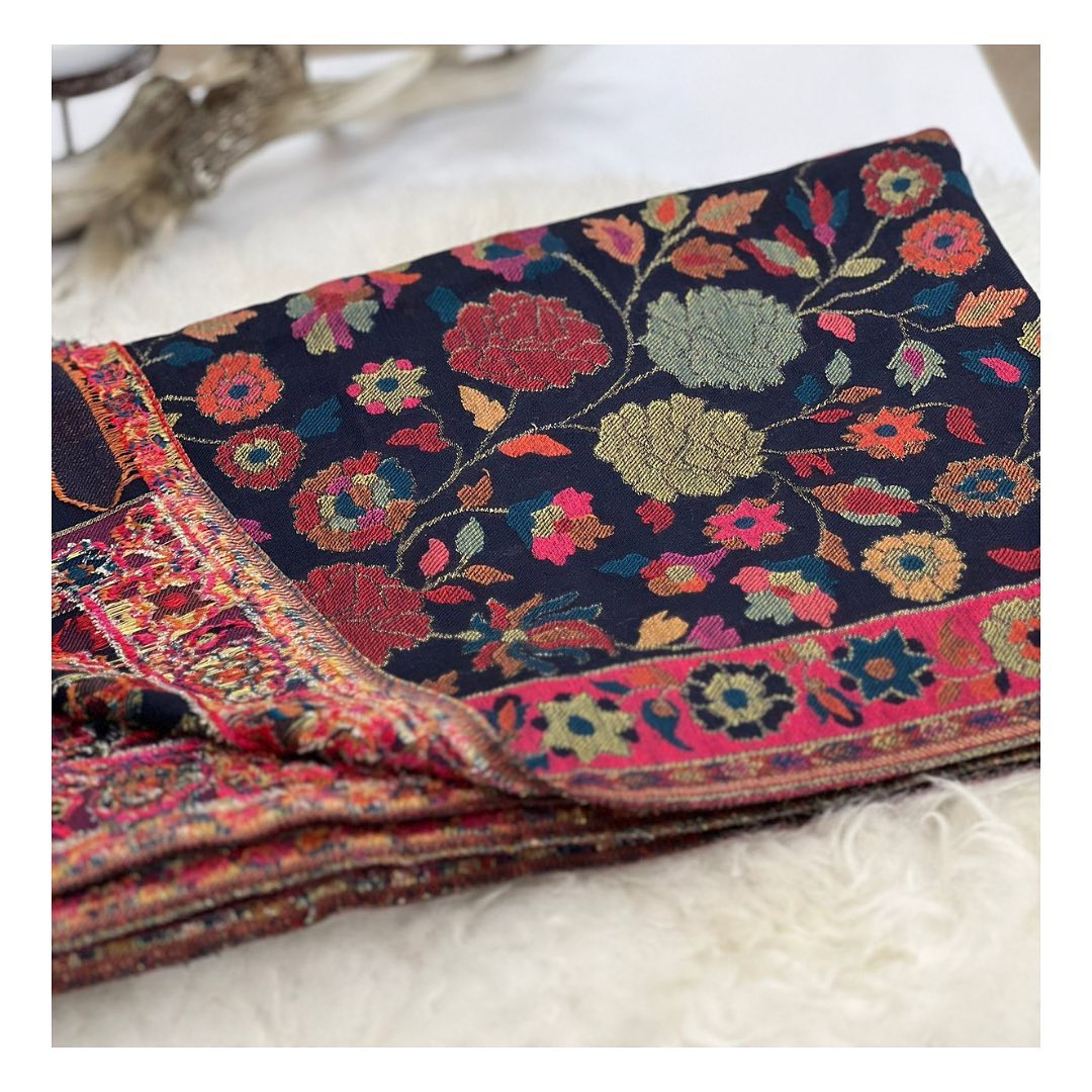 Multi-Color Floral Vine Pashmina Style Shawl - Navy Base