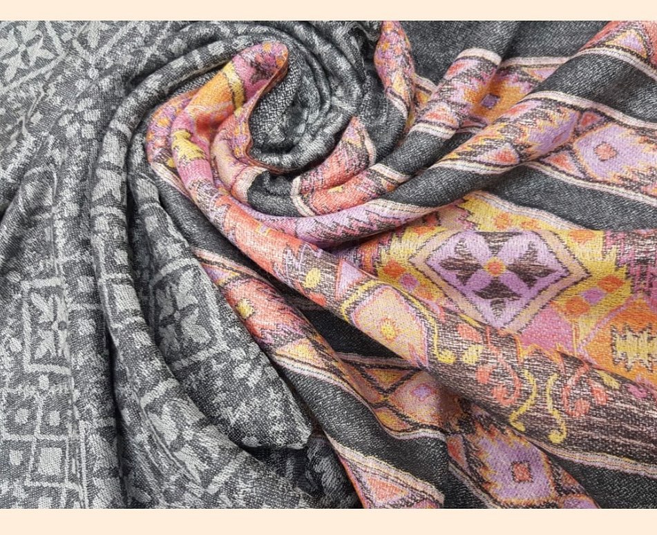 Charcoal Gray & Fuchsia Geometric Tribal Print Pashmina