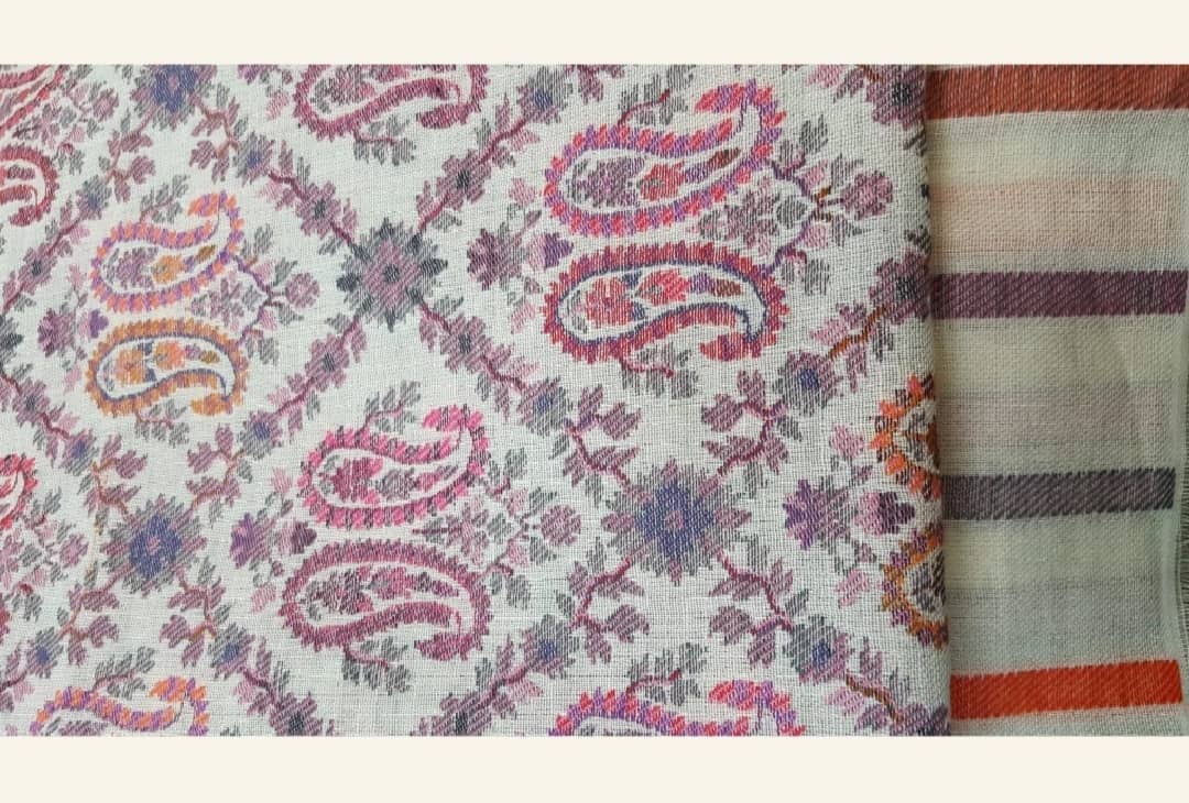 Ivory Pashmina Stole with Pink & Purple Paisley Sozni Needlework
