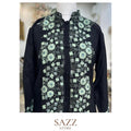 Midnight Black Woolen Jacket with Mint Green Aari Floral Work