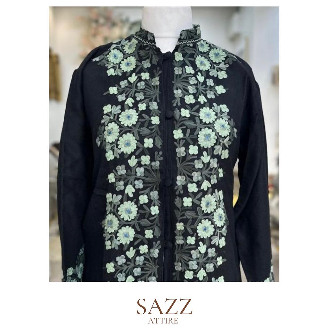 Midnight Black Woolen Jacket with Mint Green Aari Floral Work