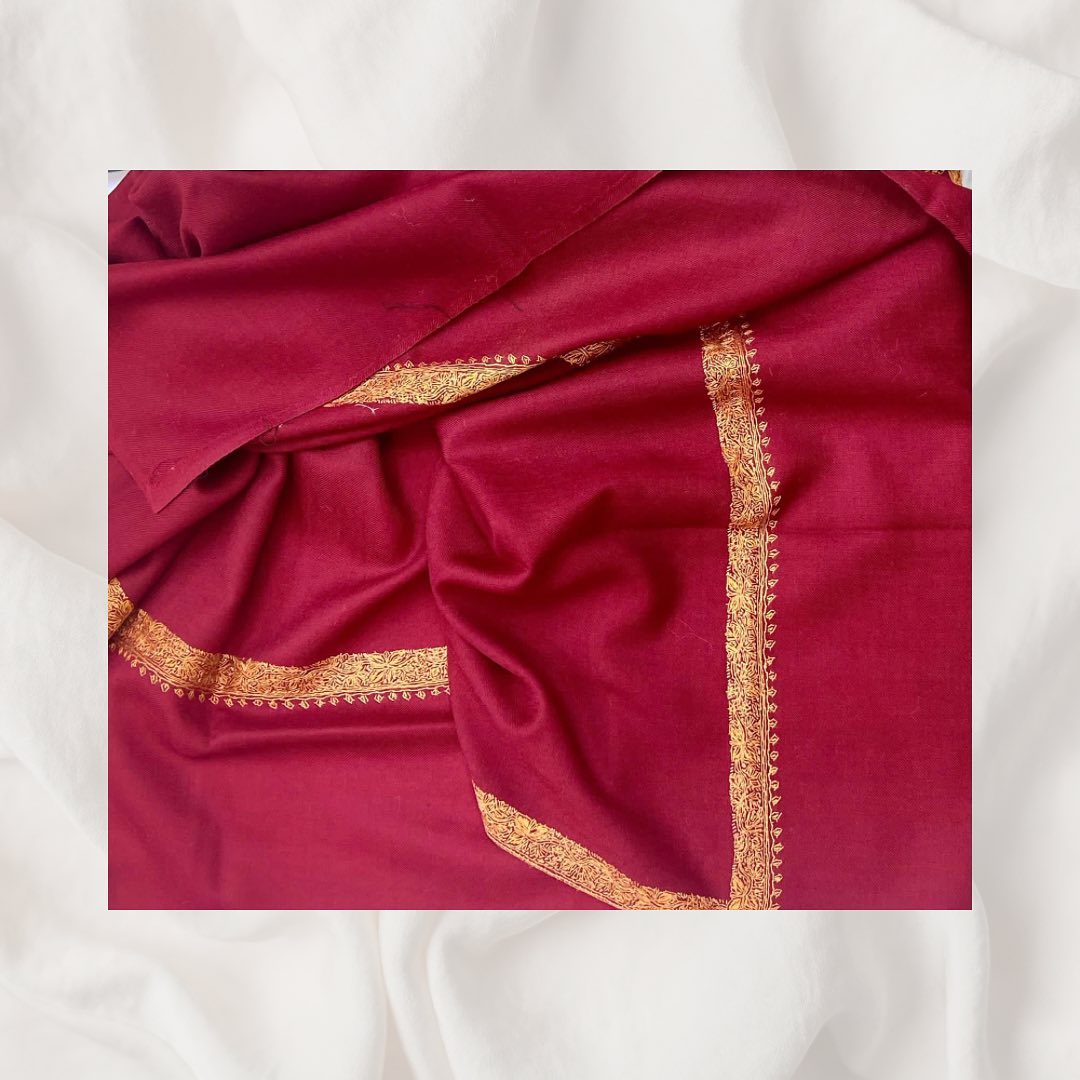 Dual-Tone Ruby & Black Shawl with Silver Needlework Border