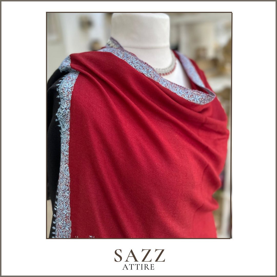 Dual-Tone Ruby & Black Shawl with Silver Needlework Border