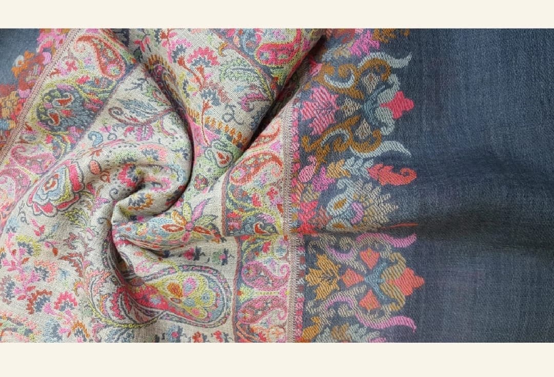 Charcoal Grey & Pastel Reversible Kani Print Border Woolen Shawl
