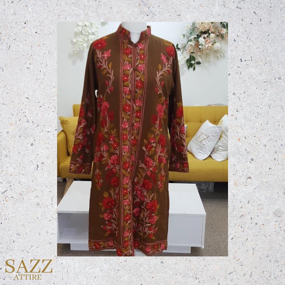 Chocolate Brown Kashmiri Aari Embroidered Woolen Long Jacket