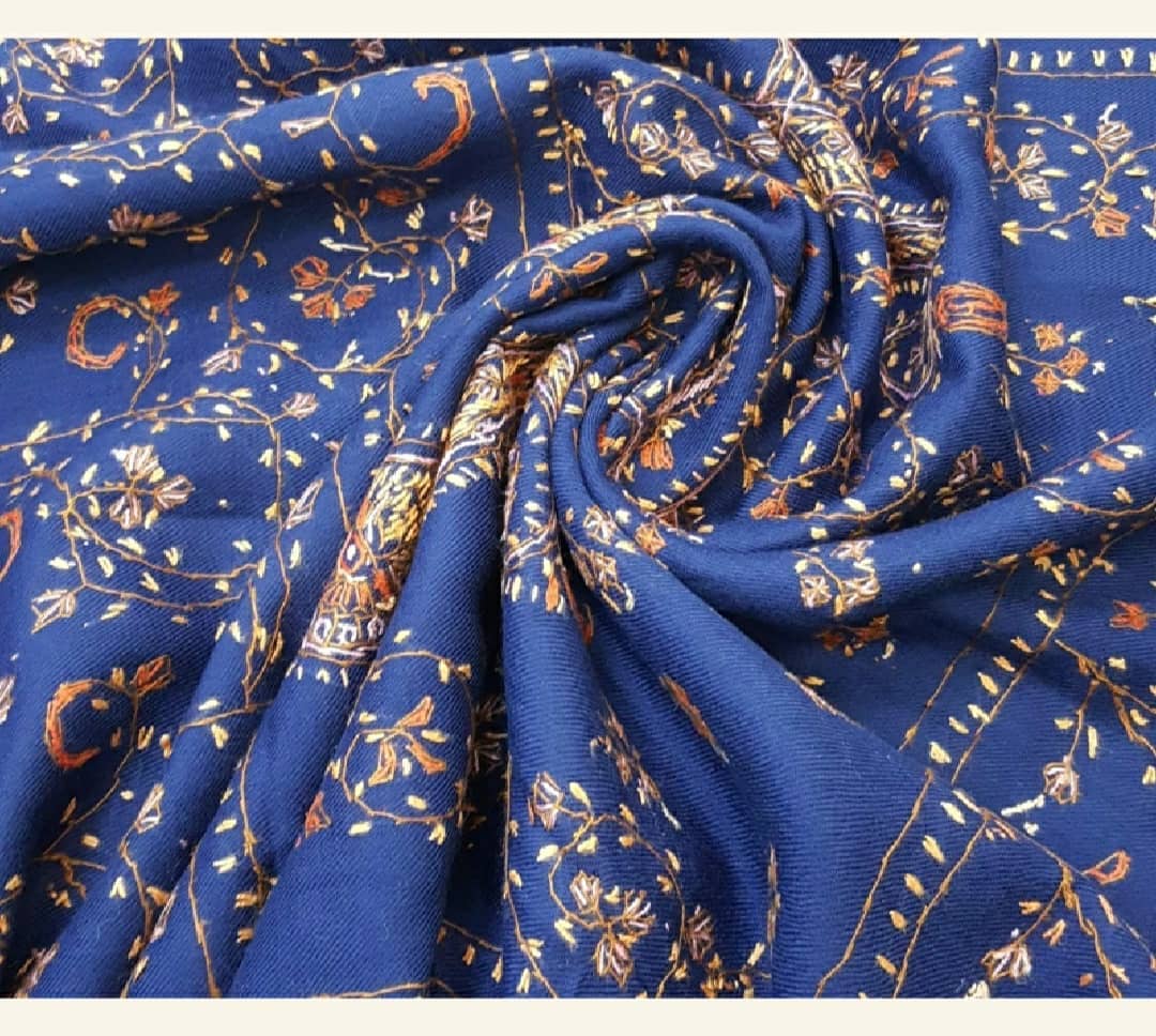 Midnight Blue Delicate Vine Embroidered Pashmina Shawl