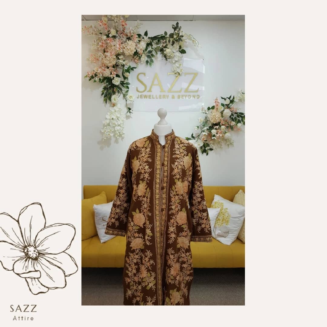 Coffee Brown Long Coat with Intricate Gold Floral Aari Embroidery