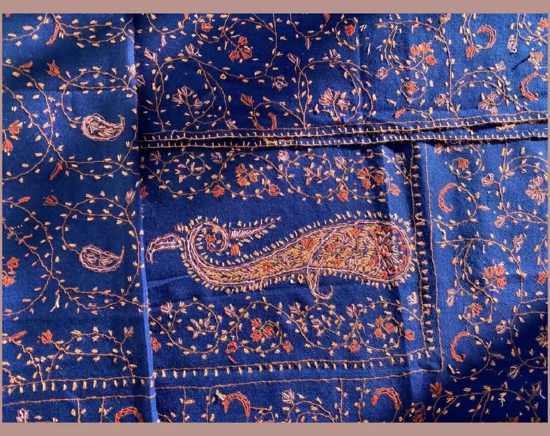Midnight Blue Sozni Hand-Embroidered Pashmina Shawl