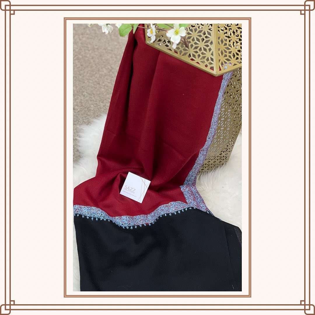 Two-Tone Crimson & Black Shawl with Intricate Silver Needlework