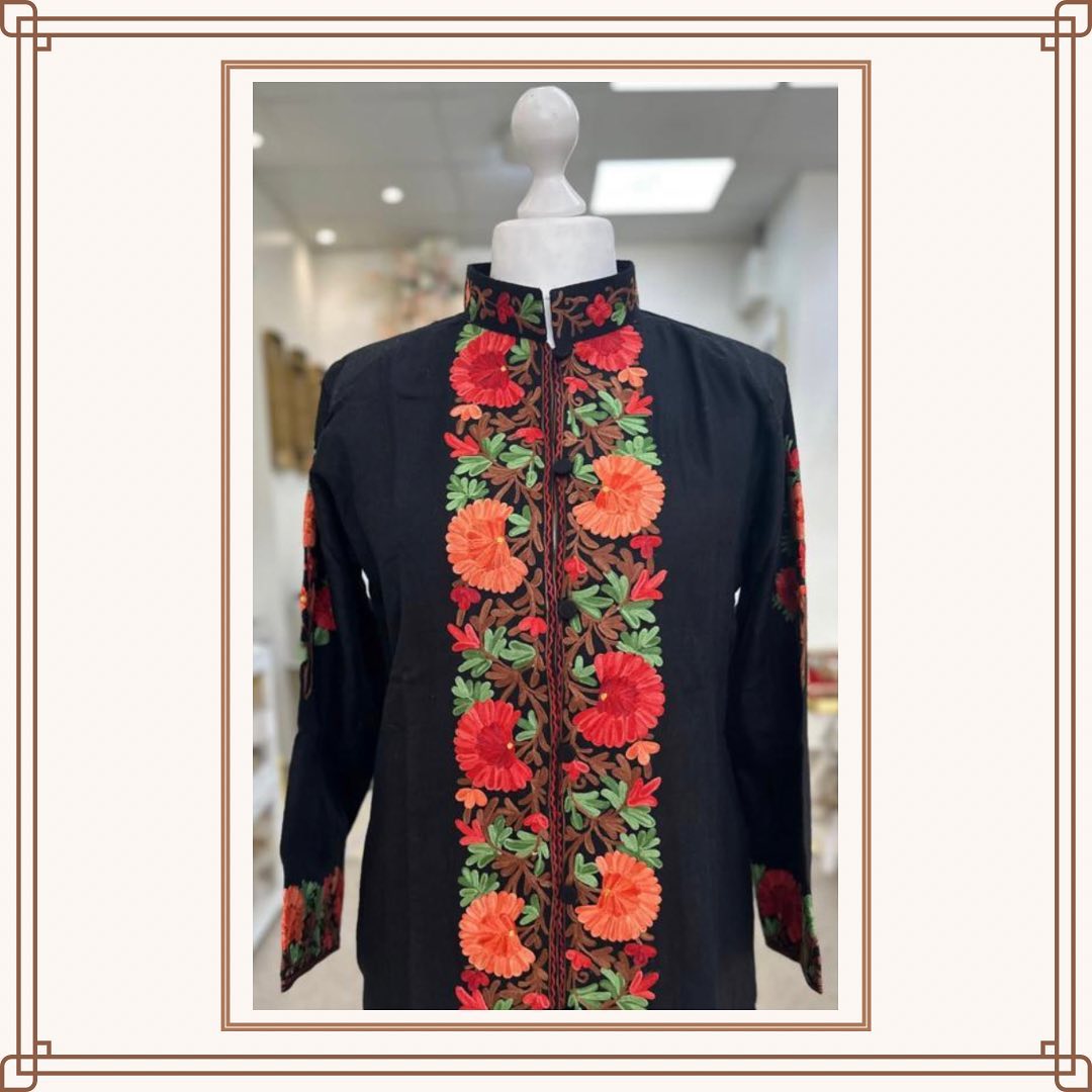 Artisanal Kashmiri Floral Panel Coat - Bold Orange & Green Embroidery