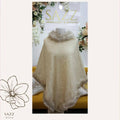 Luxury Champagne Textured Knit Poncho with Fur Collar