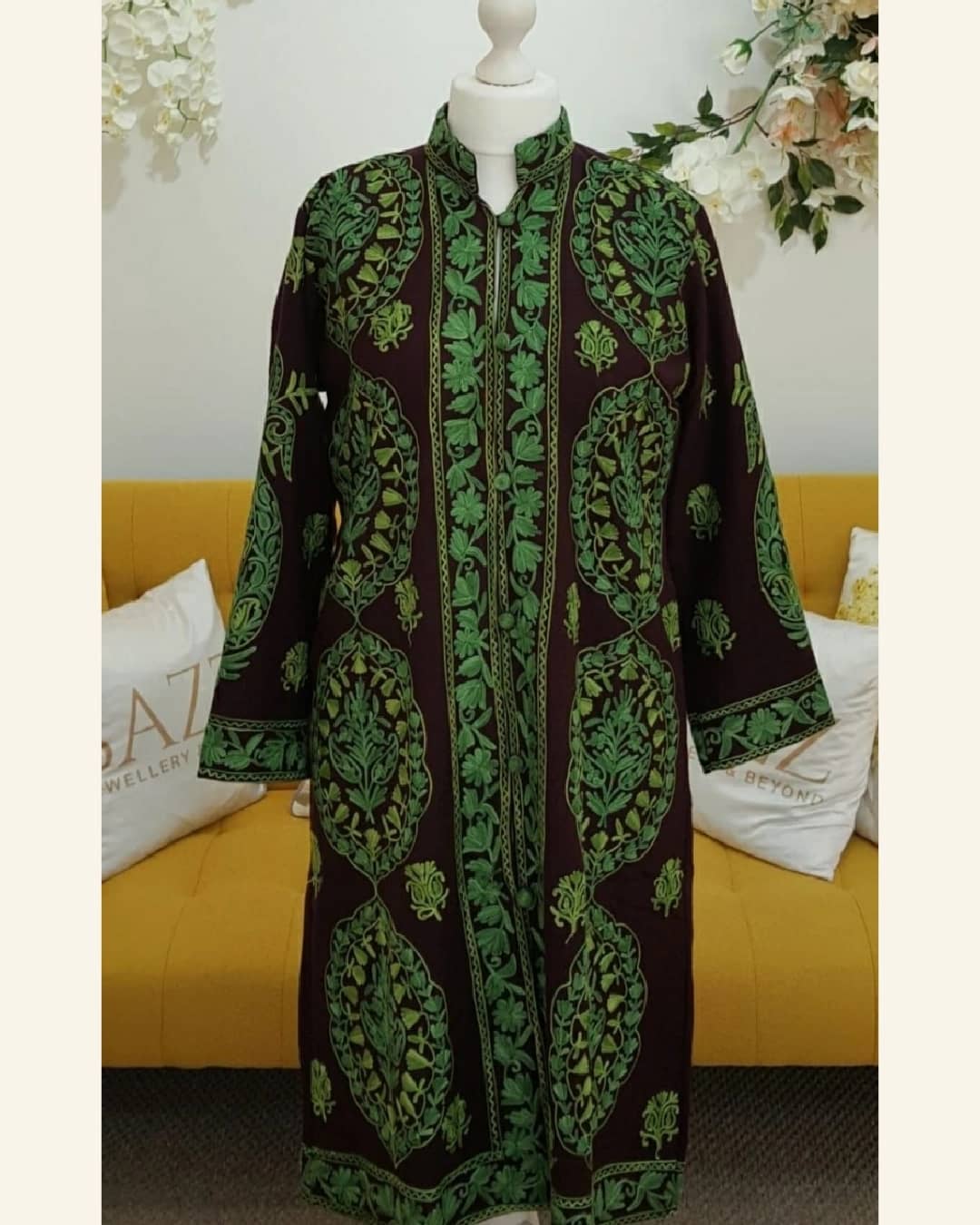 Deep Plum Long Jacket with Lime Green Medallion Aari Embroidery