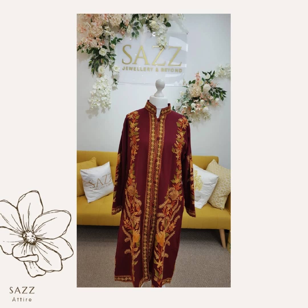 Burgundy Wine Kashmiri Jacket with Autumn Floral Aari Work