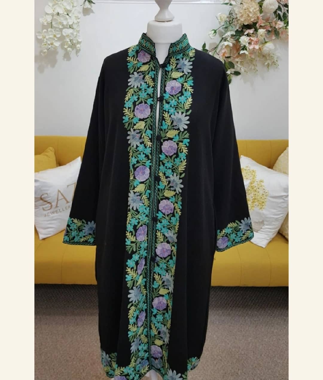 Elegant Black Long Coat with Pastel Floral Panel Aari Work