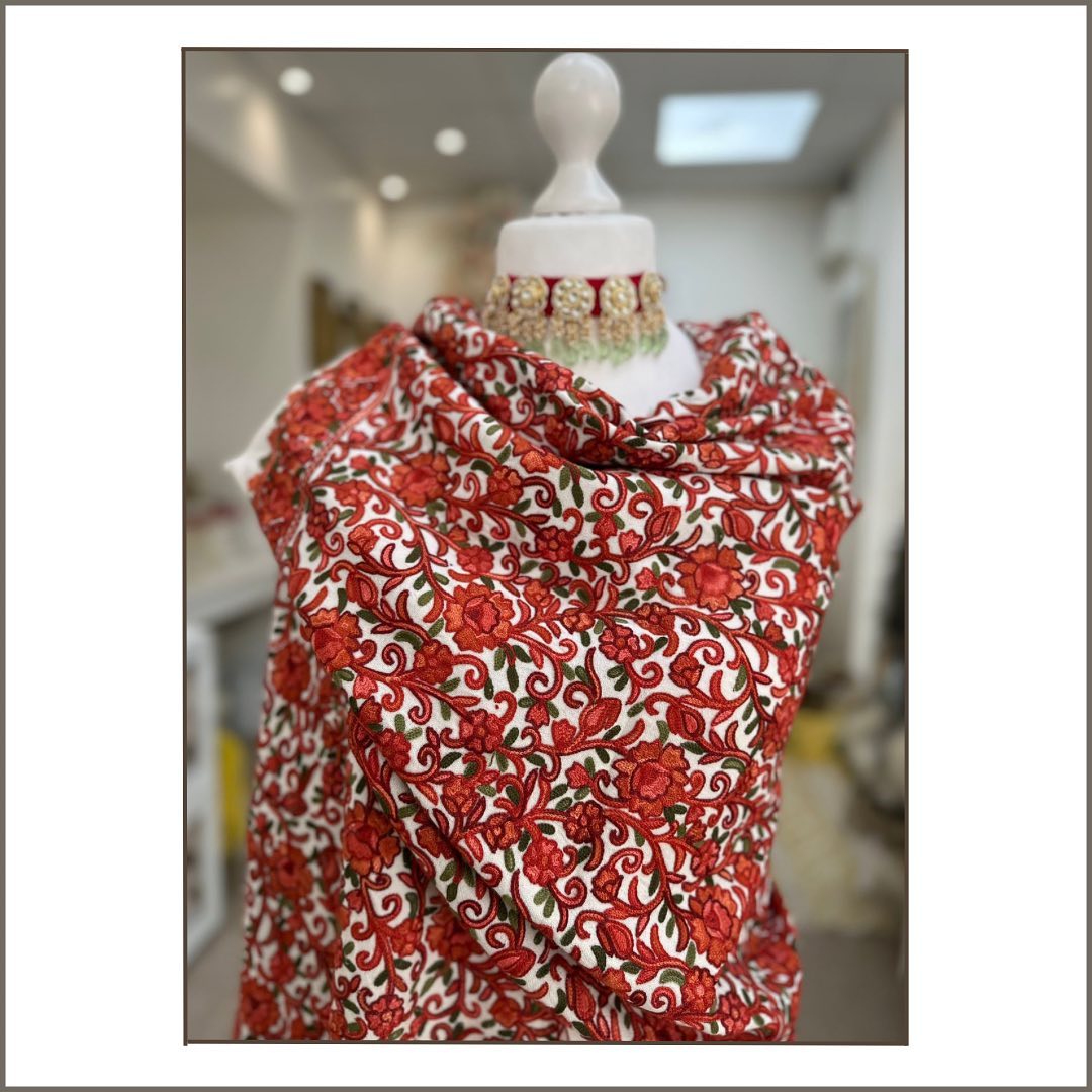 Crimson & Cream All-Over Floral Embroidered Pashmina