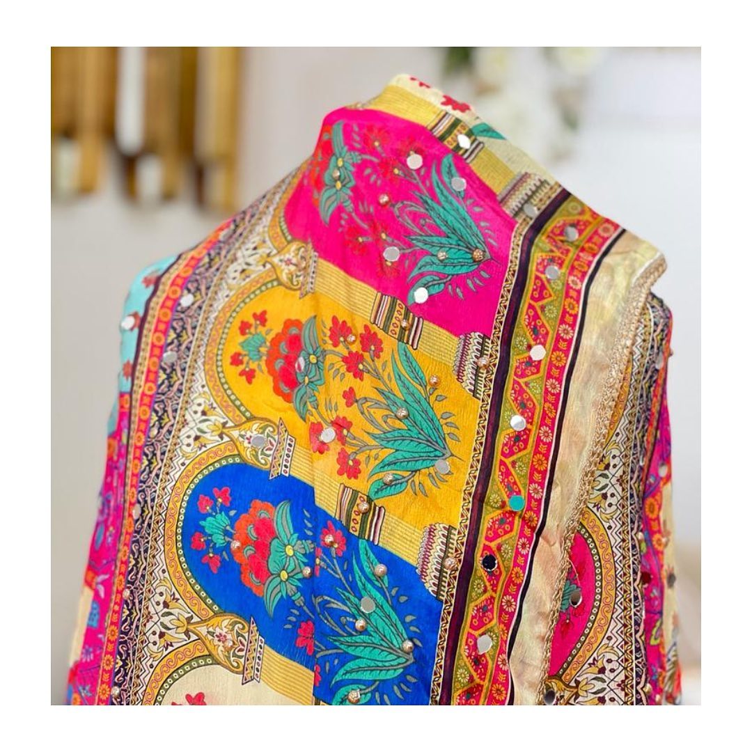 Mustard & Fuchsia Floral Phulkari Dupatta with Gold Gota Border