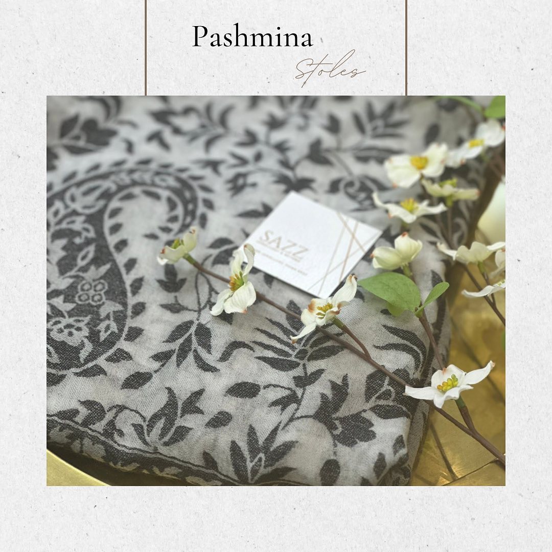 Ash Grey Pashmina Stole with Charcoal Paisley Motifs