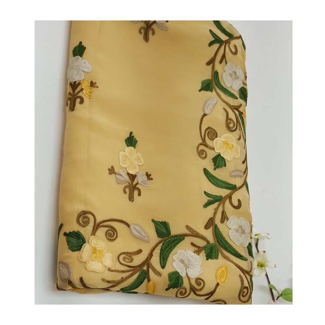 Honey Gold Chiffon Saree with White & Yellow Floral Vines