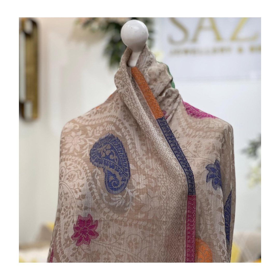 Taupe Reversible Pashmina with Vibrant Jewel-Tone Paisleys