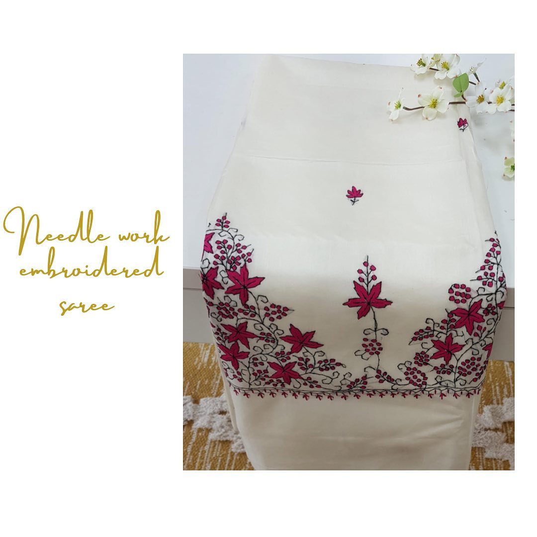 Pristine White Chiffon Saree with Magenta Needlework Embroidery