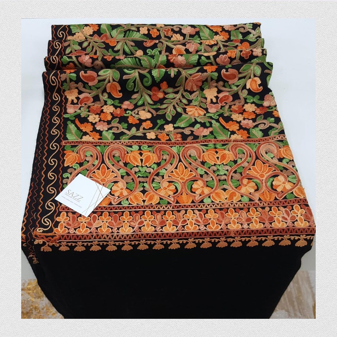 Midnight Black Floral Kashmiri Style Shawl - Intricate Multi-Color Embroidery