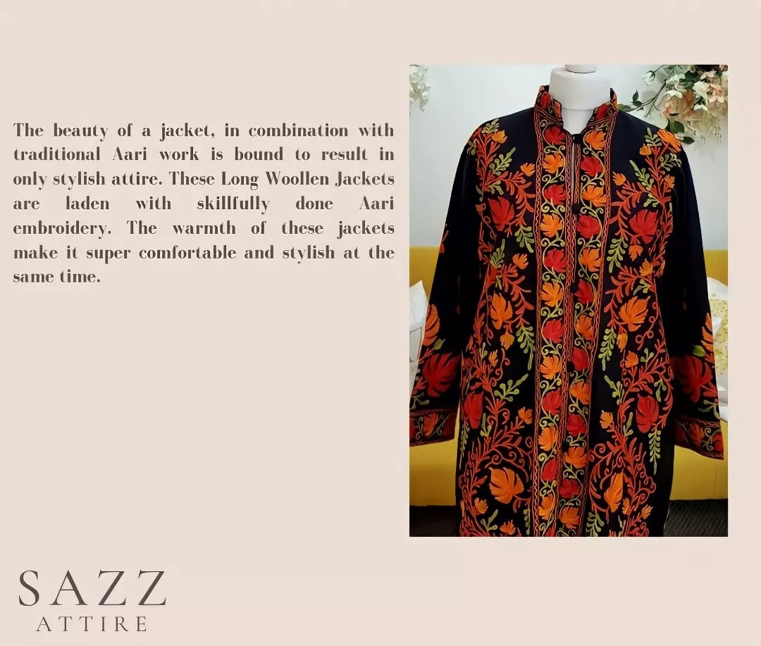 Vibrant Autumn-Tone Aari Embroidery Long Woolen Jacket