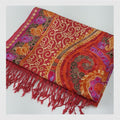 Terracotta Red Artisan Embroidered Scarf with Fringed Edge