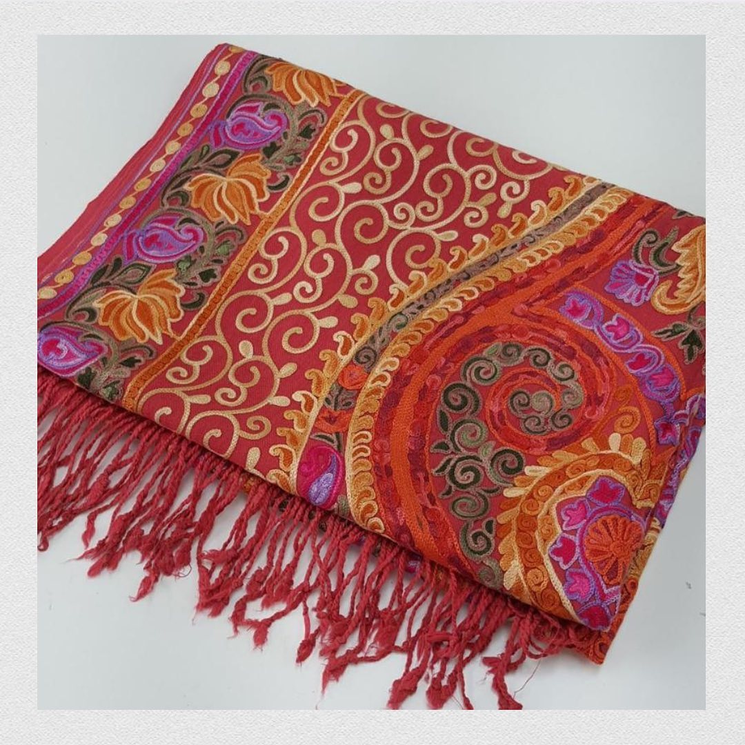 Terracotta Red Artisan Embroidered Scarf with Fringed Edge