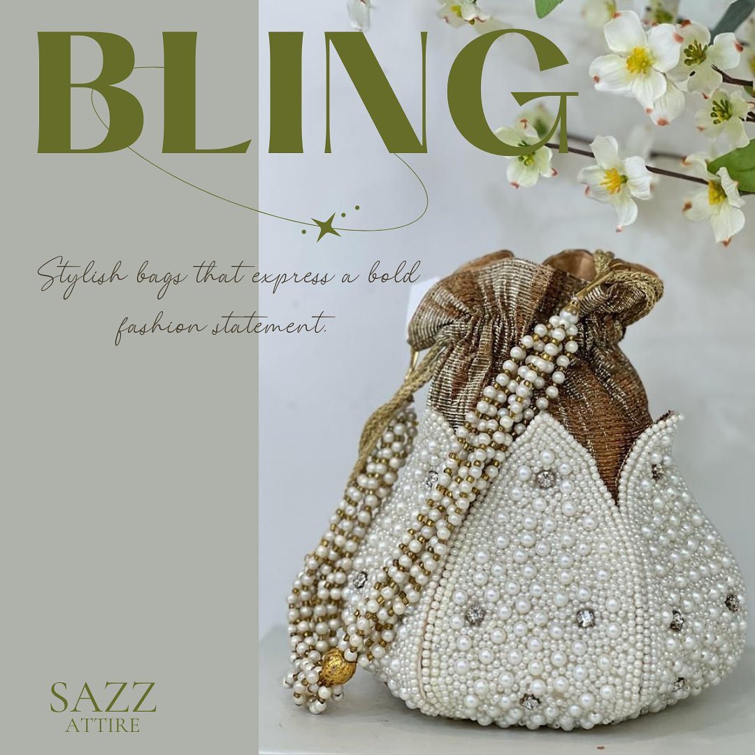Pearl-Encrusted Tulip Potli Bag with Gold Tissue Neck & Beaded Strap