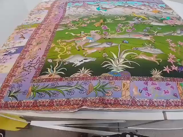 Pastel Garden Hunt Scenic Kashmiri Luxury Printed Silk Shawl