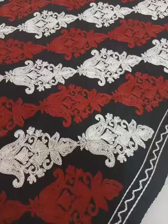 Black Crimson & Ivory Embroidered Kashmiri Shawl