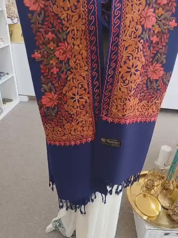 Royal Sapphire Kashmiri Floral Border Shawl Wrap