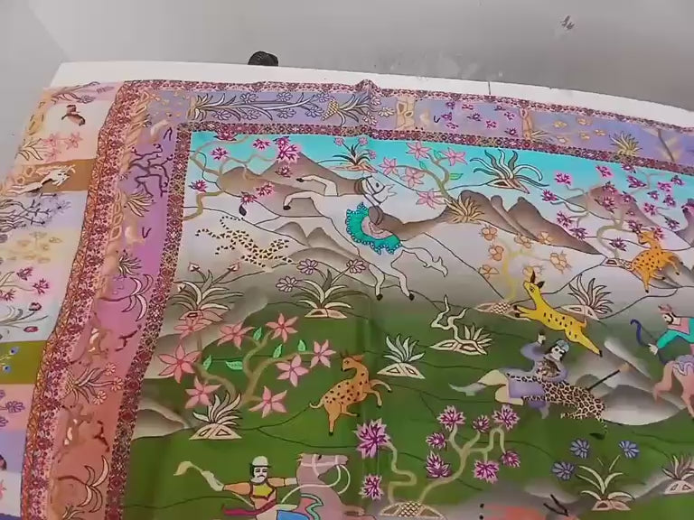 Pastel Garden Hunt Scenic Kashmiri Luxury Printed Silk Shawl