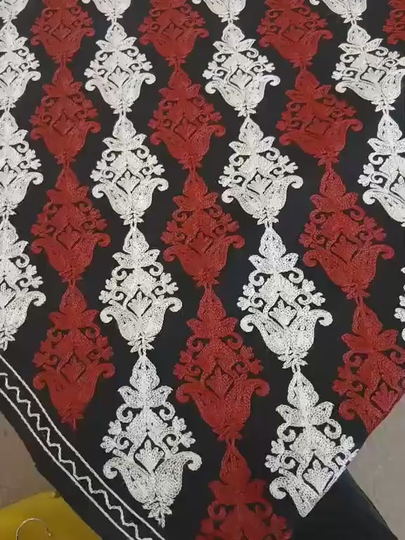 Black Crimson & Ivory Embroidered Kashmiri Shawl